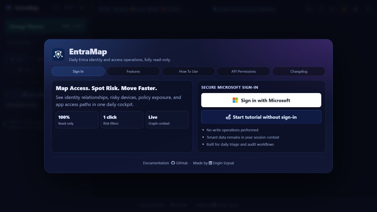 EntraMap sign-in overlay with Microsoft sign-in and tutorial entry